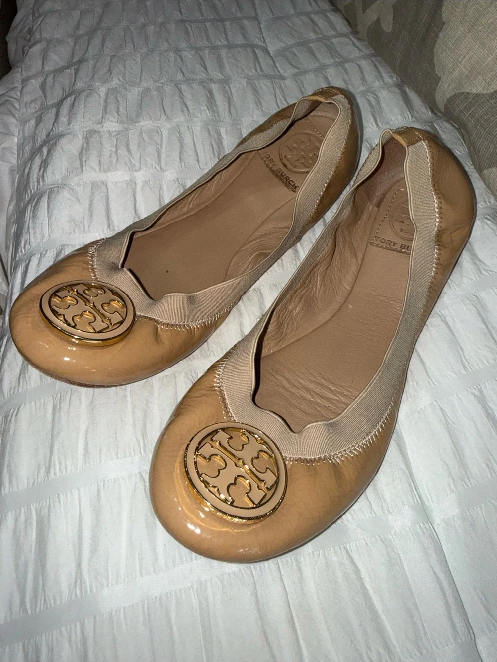 Tory Burch Nude Tan Patent Logo Ballet Flats